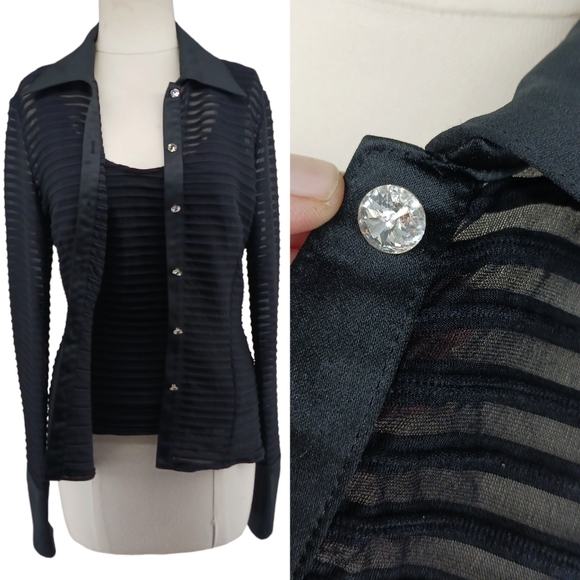 JS Collection Black Mesh Striped Shirt & Tank Top Set Ringstones Button Size 6 - Picture 7 of 16